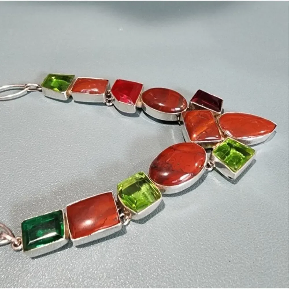 Vintage Artisan Sterling Silver Geometric Carnelian Agate Glass Y Necklace